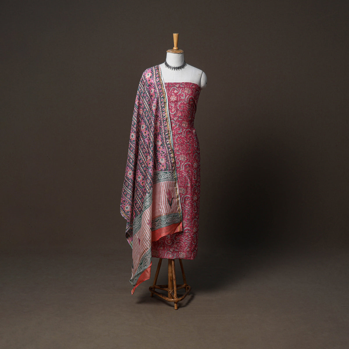 Chanderi Silk Sanganeri Hand Block Print Unstitched Dress Material: Kurta, Bottom with Dupatta 06