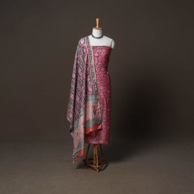 Chanderi Silk Sanganeri Hand Block Print Unstitched Dress Material: Kurta, Bottom with Dupatta 06