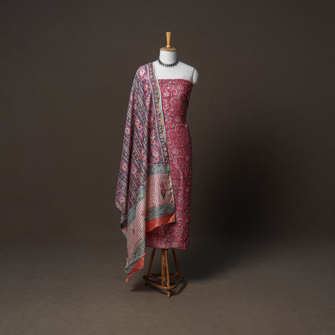 Chanderi Silk Sanganeri Hand Block Print Unstitched Dress Material: Kurta, Bottom with Dupatta 06