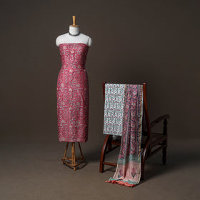 Chanderi Silk Sanganeri Hand Block Print Unstitched Dress Material: Kurta, Bottom with Dupatta 06