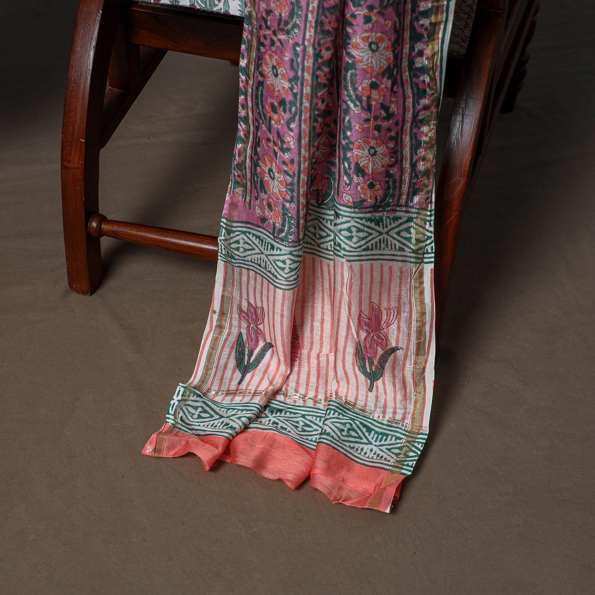 Chanderi Silk Sanganeri Hand Block Print Unstitched Dress Material: Kurta, Bottom with Dupatta 06
