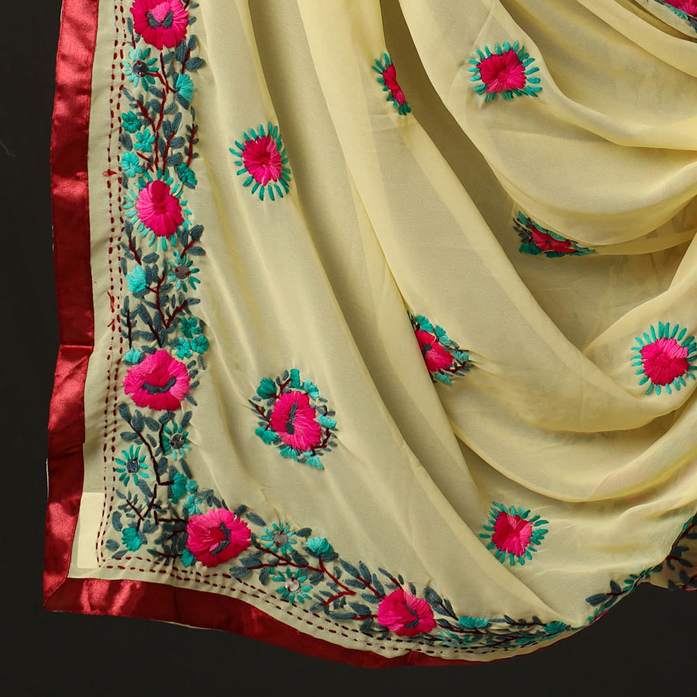 Yellow - 3pc Phulkari Embroidery Chapa Work Georgette Suit Material Set 30