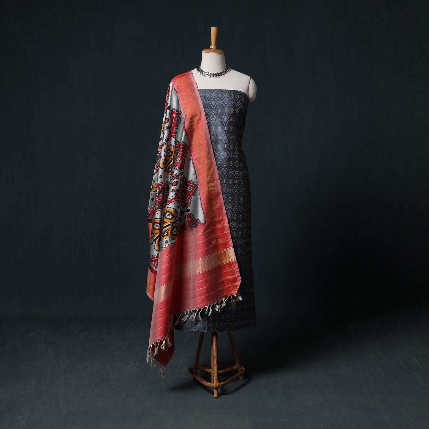 Pochampally Ikat Handwoven Pure Silk 2pc Unstitched Dress Material Kurta Set 17