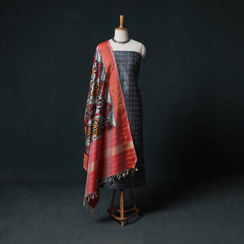 Pochampally Ikat Handwoven Pure Silk 2pc Unstitched Dress Material Kurta Set 17