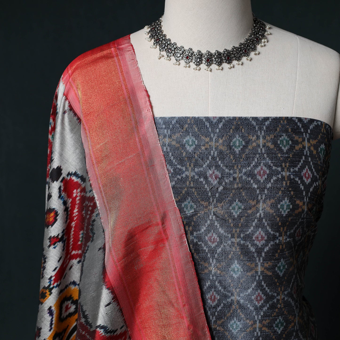Pochampally Ikat Handwoven Pure Silk 2pc Unstitched Dress Material Kurta Set 17