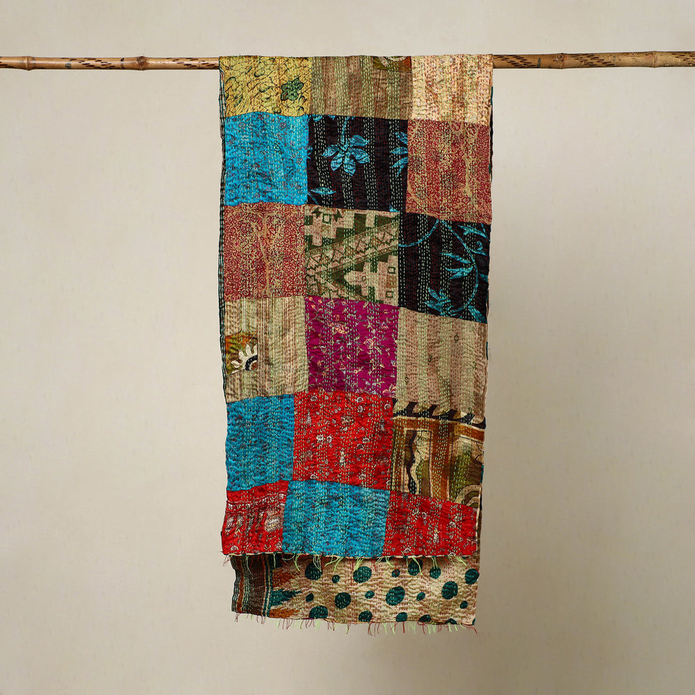 Multicolor - Reversible Patchwork Silk Bengal Kantha Stitch Stole 167