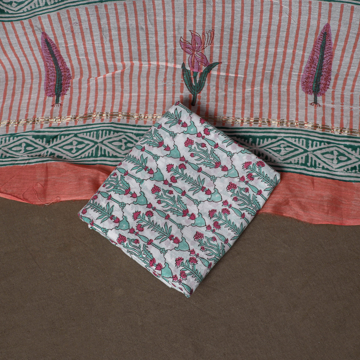 Chanderi Silk Sanganeri Hand Block Print Unstitched Dress Material: Kurta, Bottom with Dupatta 06