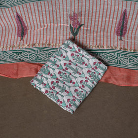 Chanderi Silk Sanganeri Hand Block Print Unstitched Dress Material: Kurta, Bottom with Dupatta 06