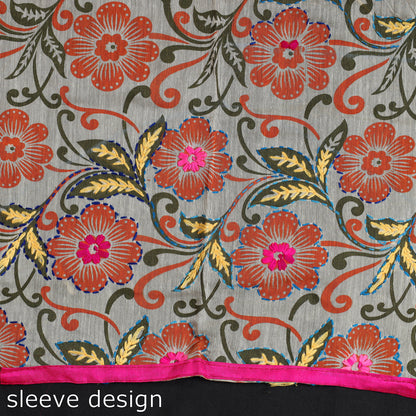 Beige - 3pc Phulkari Embroidery Chanderi Silk Printed Suit Material Set 90