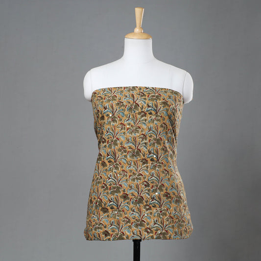 Beige - Kalamkari Block Printed Sequin Work Cotton Kurta Material - 2.6 Meter