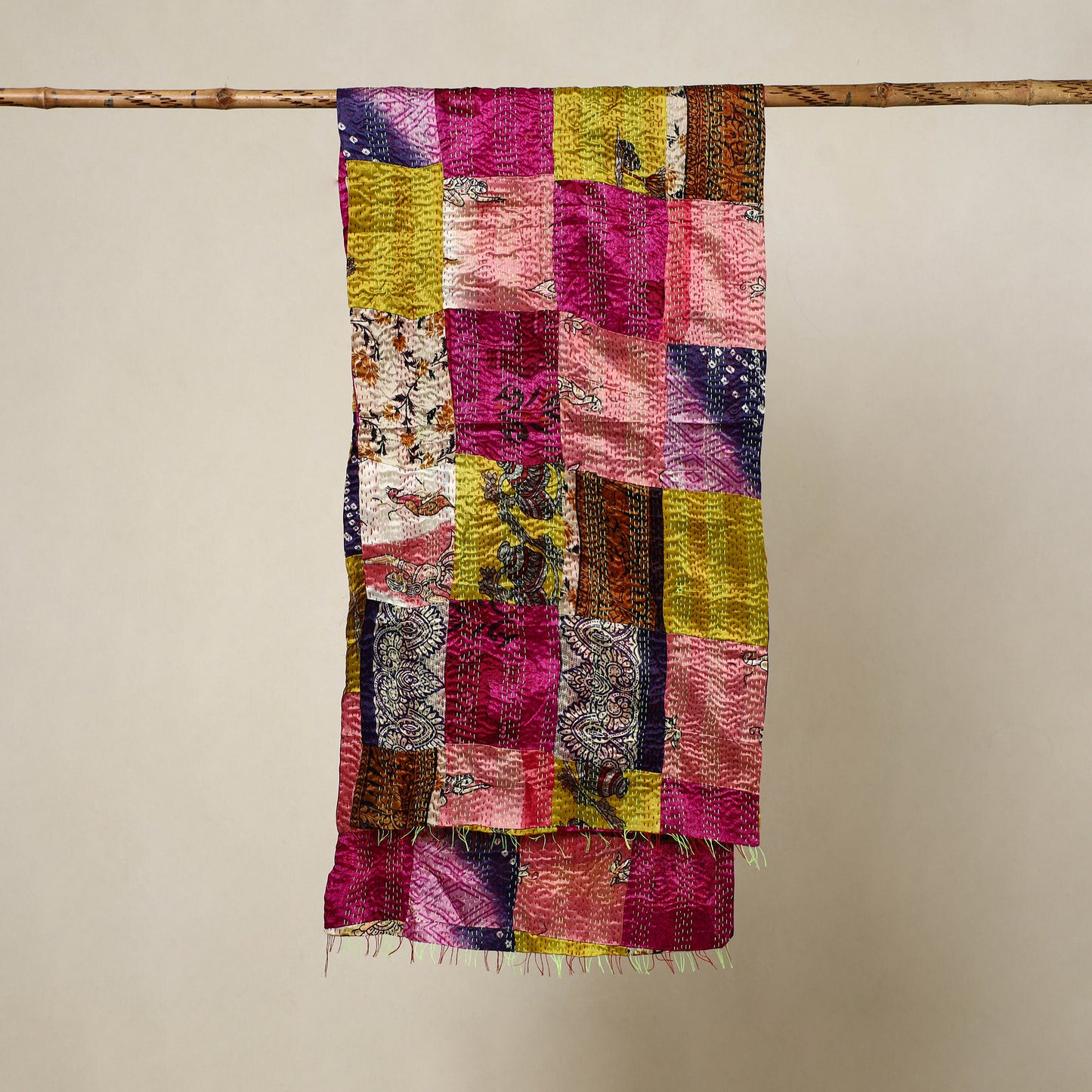 Multicolor - Reversible Patchwork Silk Bengal Kantha Stitch Stole 162