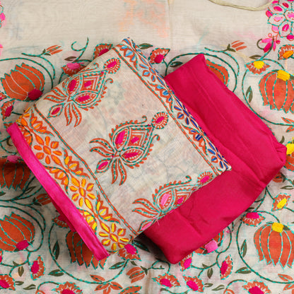 Beige - 3pc Phulkari Embroidery Chanderi Silk Printed Suit Material Set 92