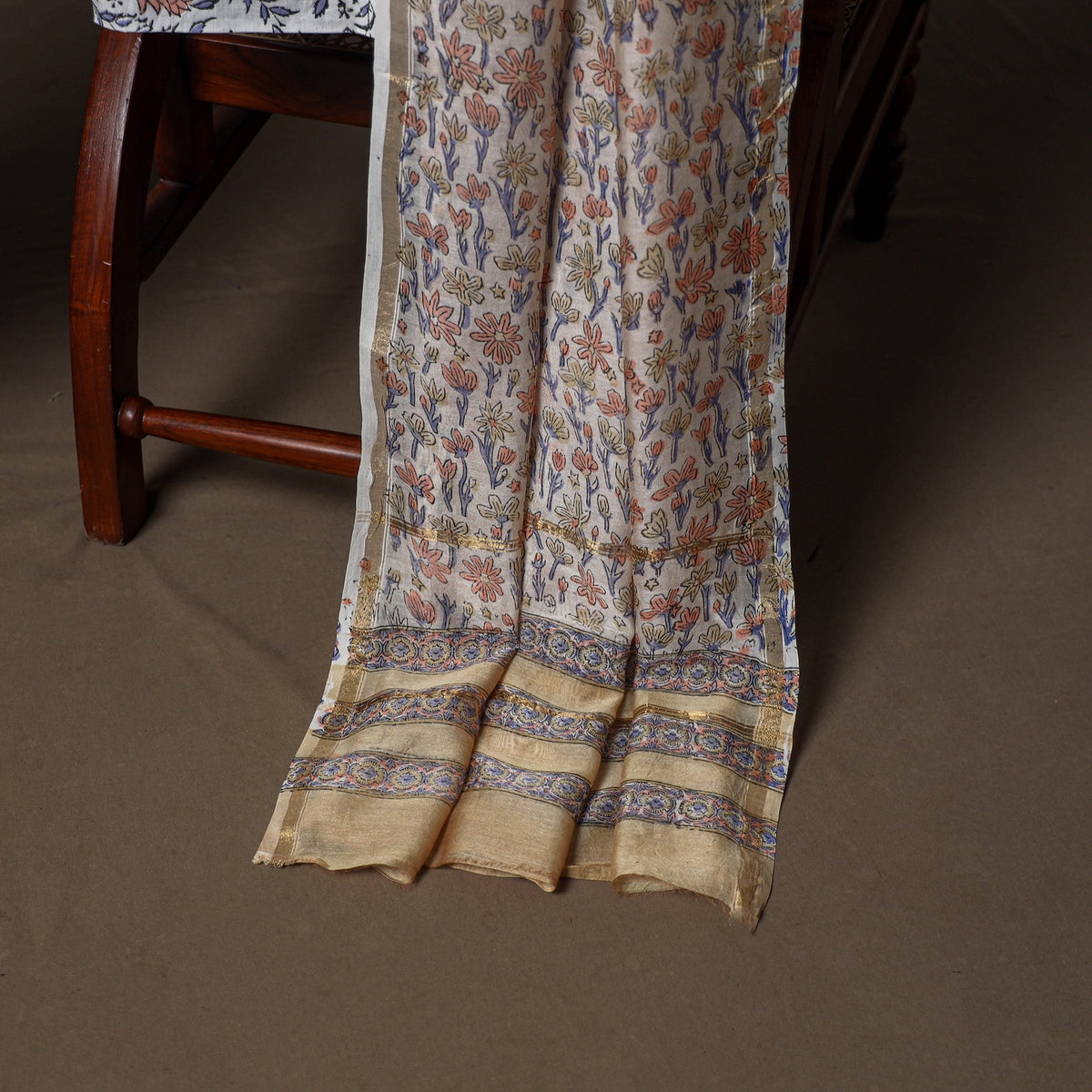 Chanderi Silk Sanganeri Hand Block Print Unstitched Dress Material: Kurta, Bottom with Dupatta 07