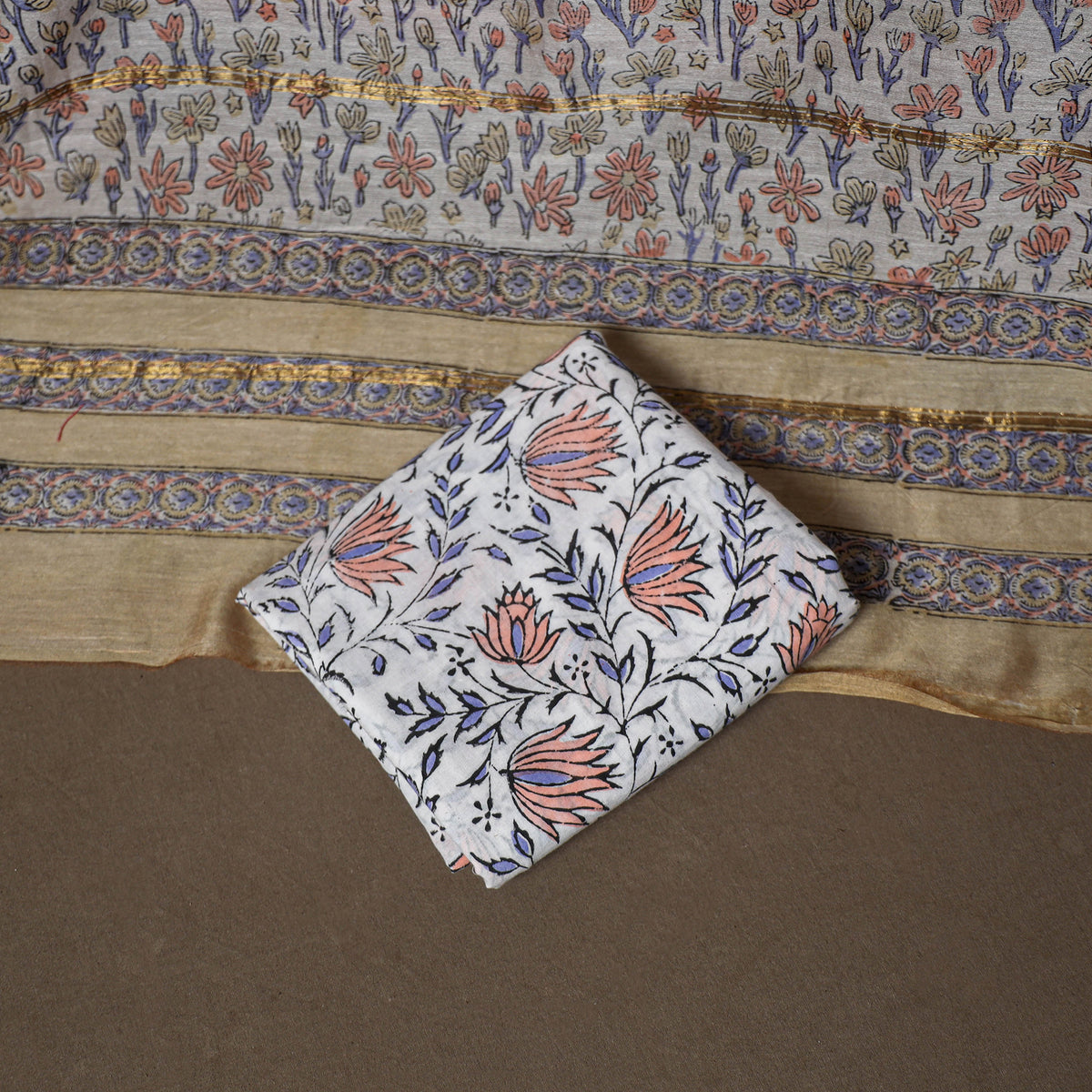 Chanderi Silk Sanganeri Hand Block Print Unstitched Dress Material: Kurta, Bottom with Dupatta 07