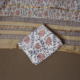 Chanderi Silk Sanganeri Hand Block Print Unstitched Dress Material: Kurta, Bottom with Dupatta 07