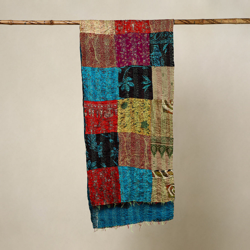 Multicolor - Reversible Patchwork Silk Bengal Kantha Stitch Stole 158