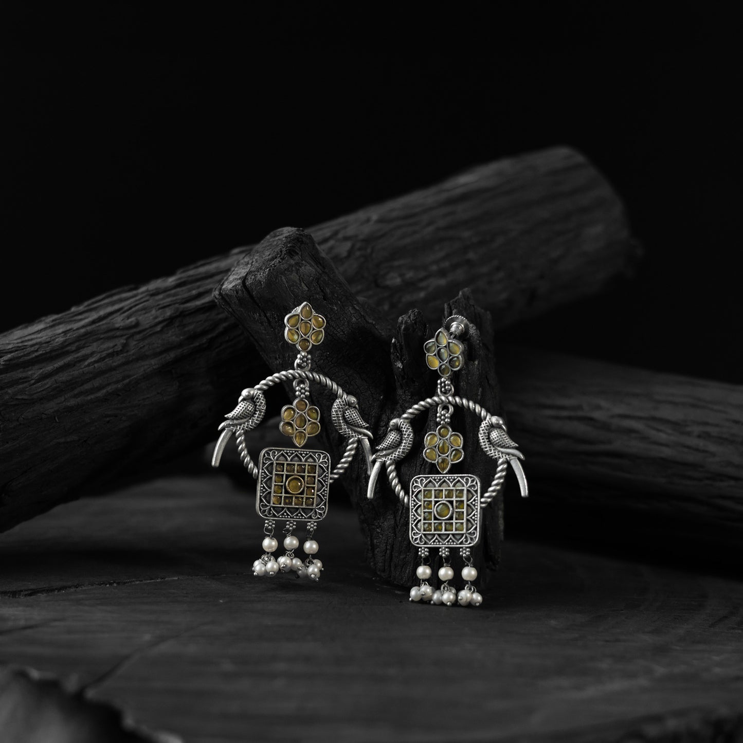 Yellow - saanjh bela twin mayuri oxidised earrings