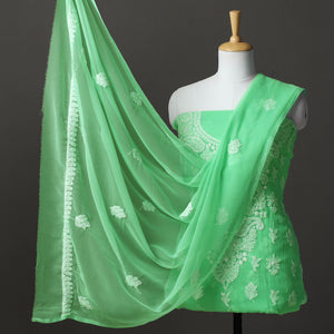 Green - 3pc Lucknow Chikankari Hand Embroidery Georgette Suit Material Set 76