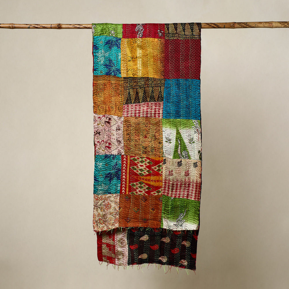 Multicolor - Reversible Patchwork Silk Bengal Kantha Stitch Stole 157