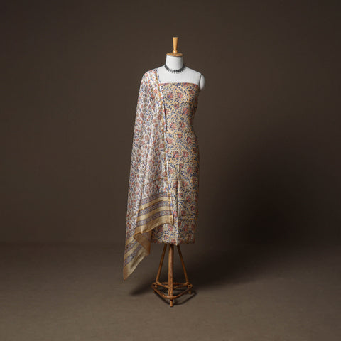 Chanderi Silk Sanganeri Hand Block Print Unstitched Dress Material: Kurta, Bottom with Dupatta 07
