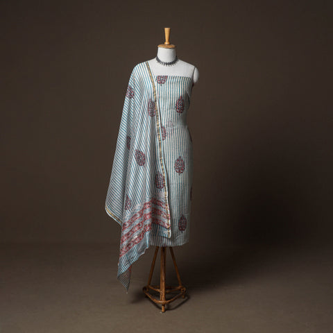 Chanderi Silk Sanganeri Hand Block Print Unstitched Dress Material: Kurta, Bottom with Dupatta 08