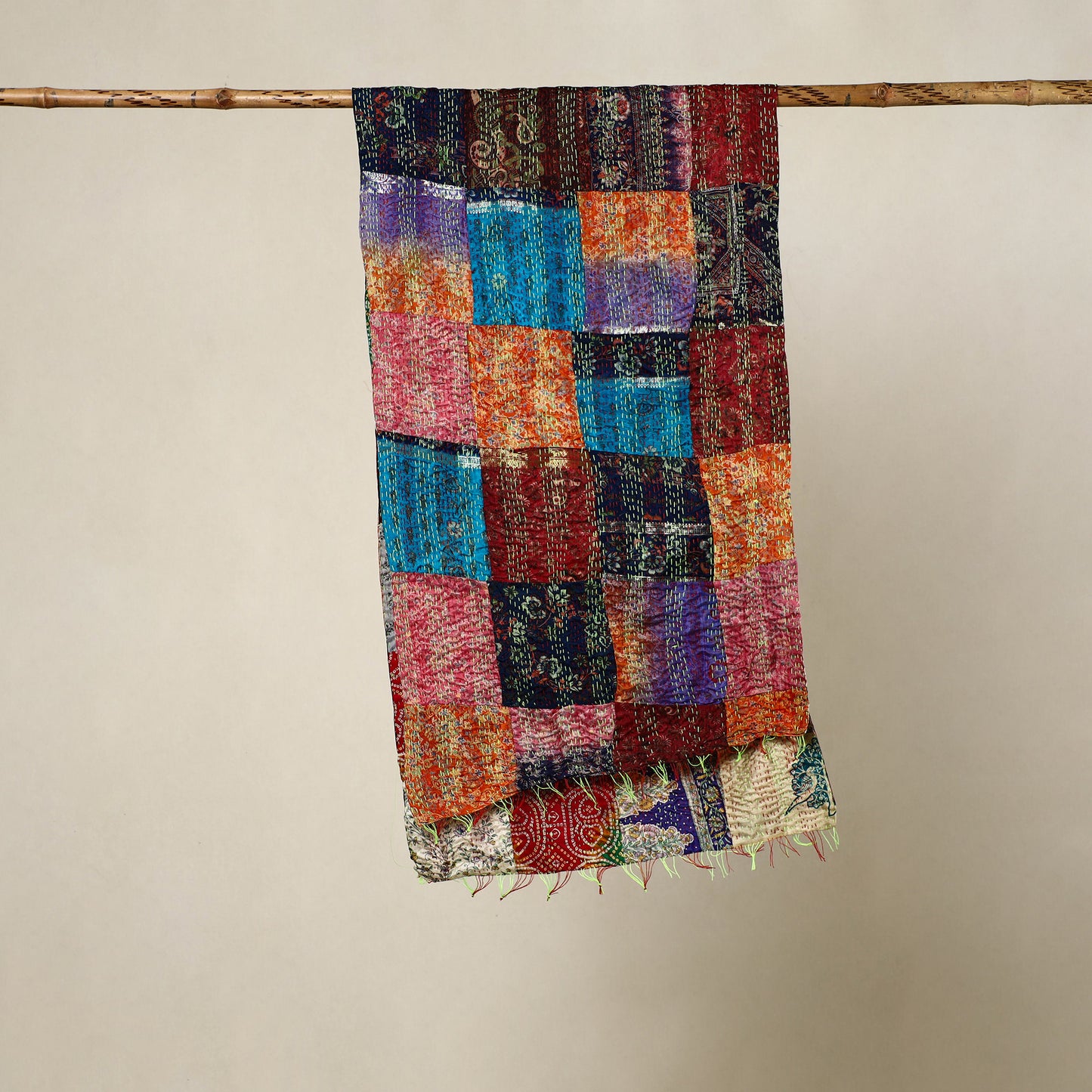 Multicolor - Reversible Patchwork Silk Bengal Kantha Stitch Stole 156