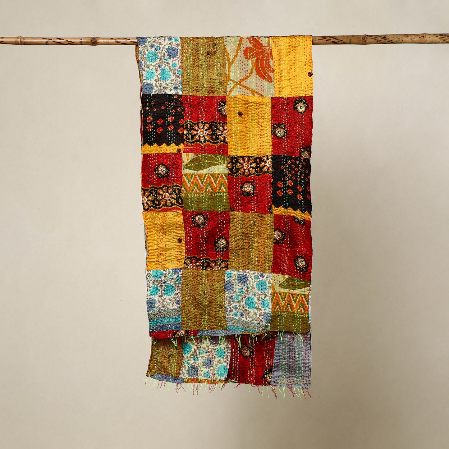 Multicolor - Reversible Patchwork Silk Bengal Kantha Stitch Stole 155