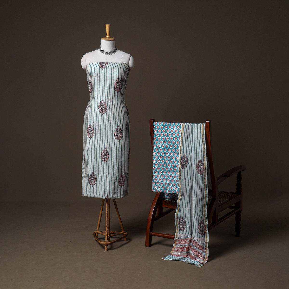 Chanderi Silk Sanganeri Hand Block Print Unstitched Dress Material: Kurta, Bottom with Dupatta 08