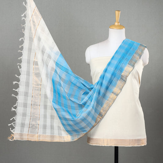 White - 3pc Mangalagiri Handloom Cotton Suit Material Set with Zari Border