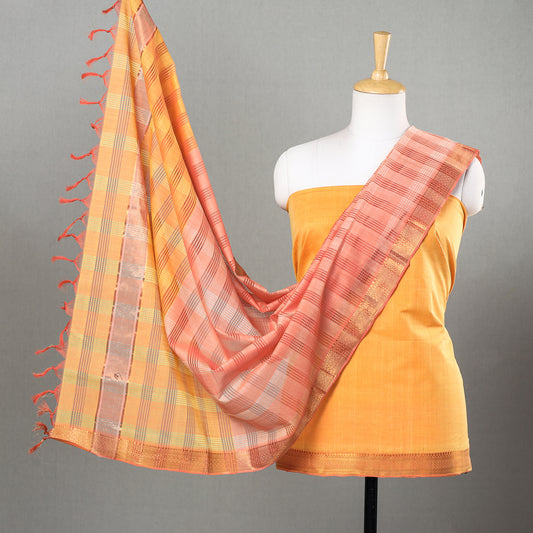 Yellow - 3pc Mangalagiri Handloom Cotton Suit Material Set with Zari Border