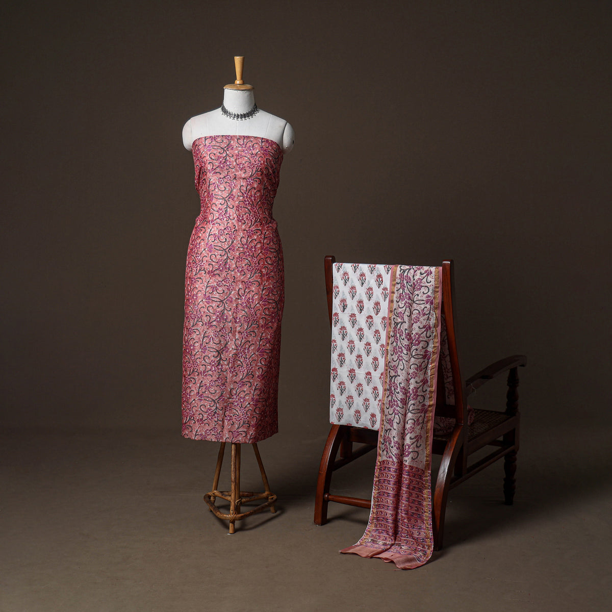 Chanderi Silk Sanganeri Hand Block Print Unstitched Dress Material: Kurta, Bottom with Dupatta 09