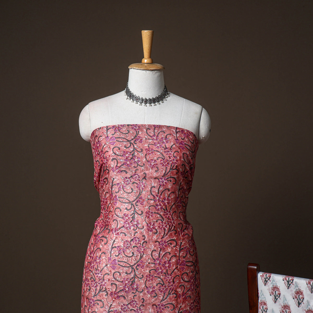 Chanderi Silk Sanganeri Hand Block Print Unstitched Dress Material: Kurta, Bottom with Dupatta 09