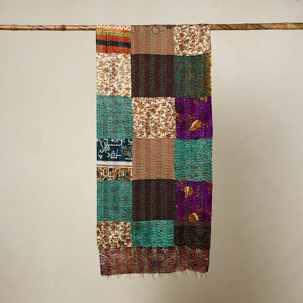 Multicolor - Reversible Patchwork Silk Bengal Kantha Stitch Stole 149