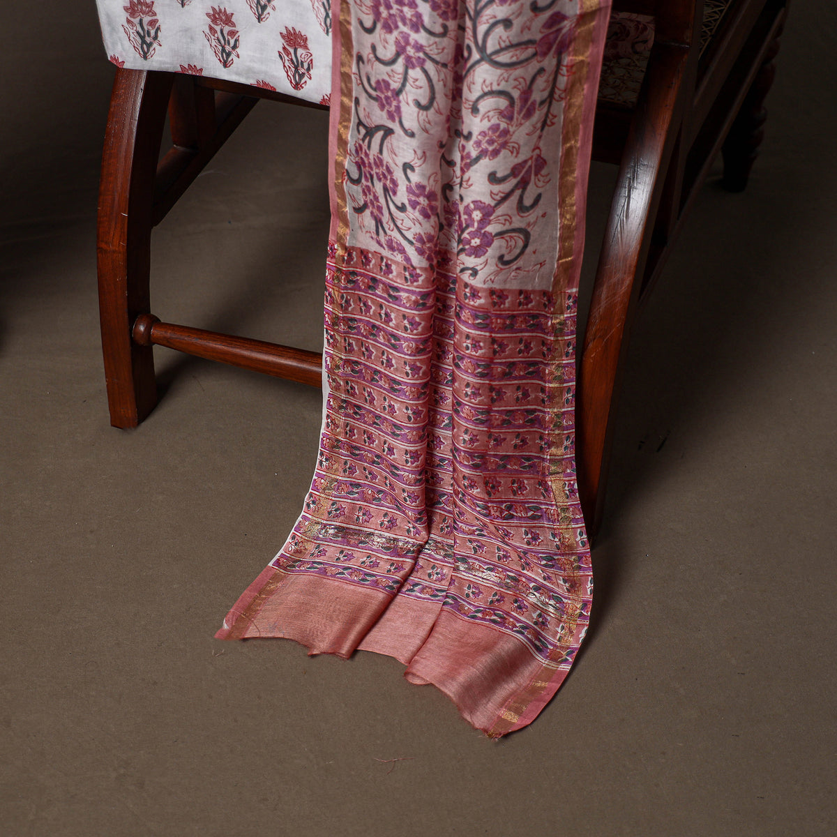 Chanderi Silk Sanganeri Hand Block Print Unstitched Dress Material: Kurta, Bottom with Dupatta 09