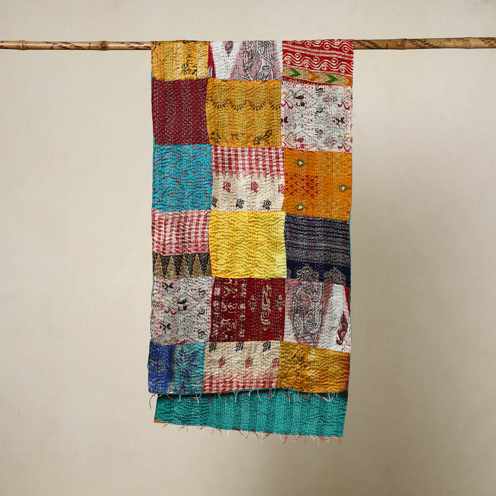 Multicolor - Reversible Patchwork Silk Bengal Kantha Stitch Stole 148