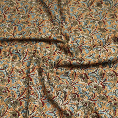 Brown - Kalamkari Block Printed Sequin Work Cotton Kurta Material - 2.6 Meter