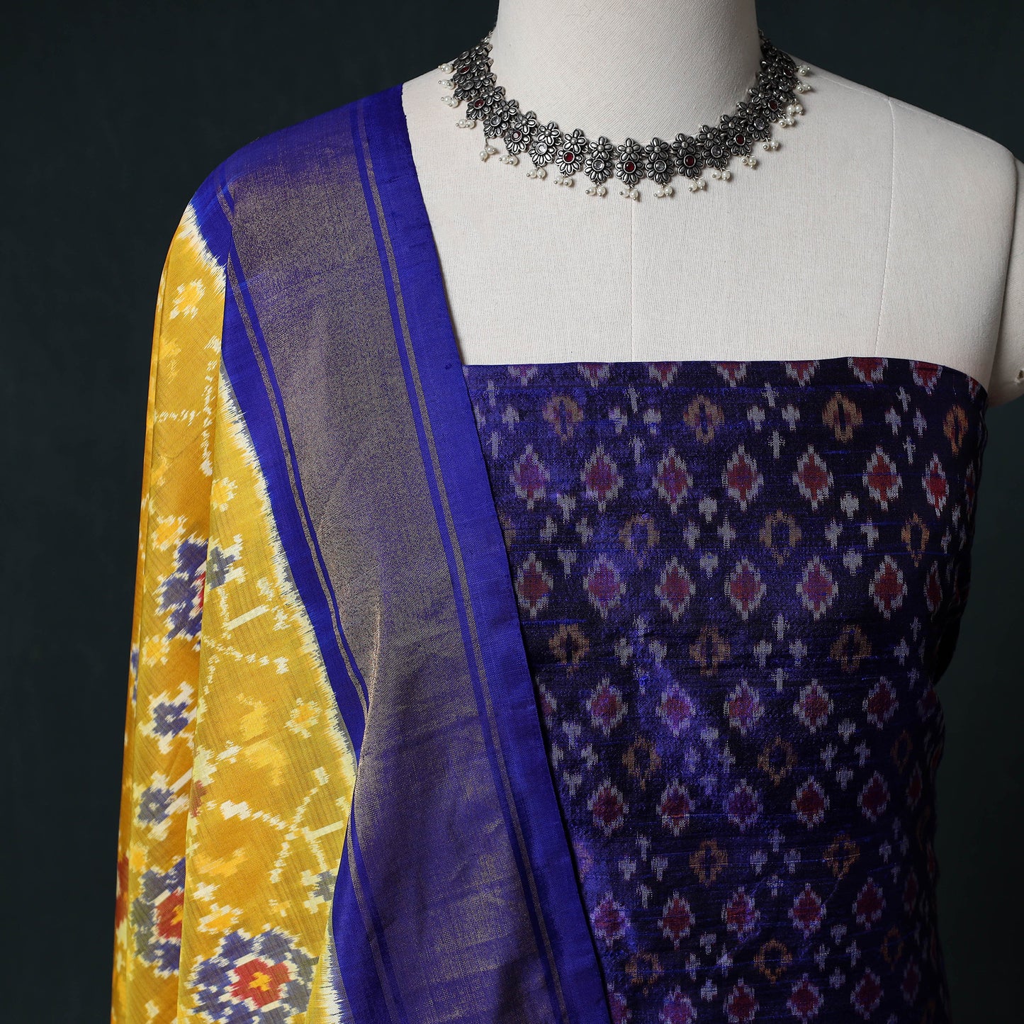 Pochampally Ikat Handwoven Pure Silk 2pc Unstitched Dress Material Kurta Set 21