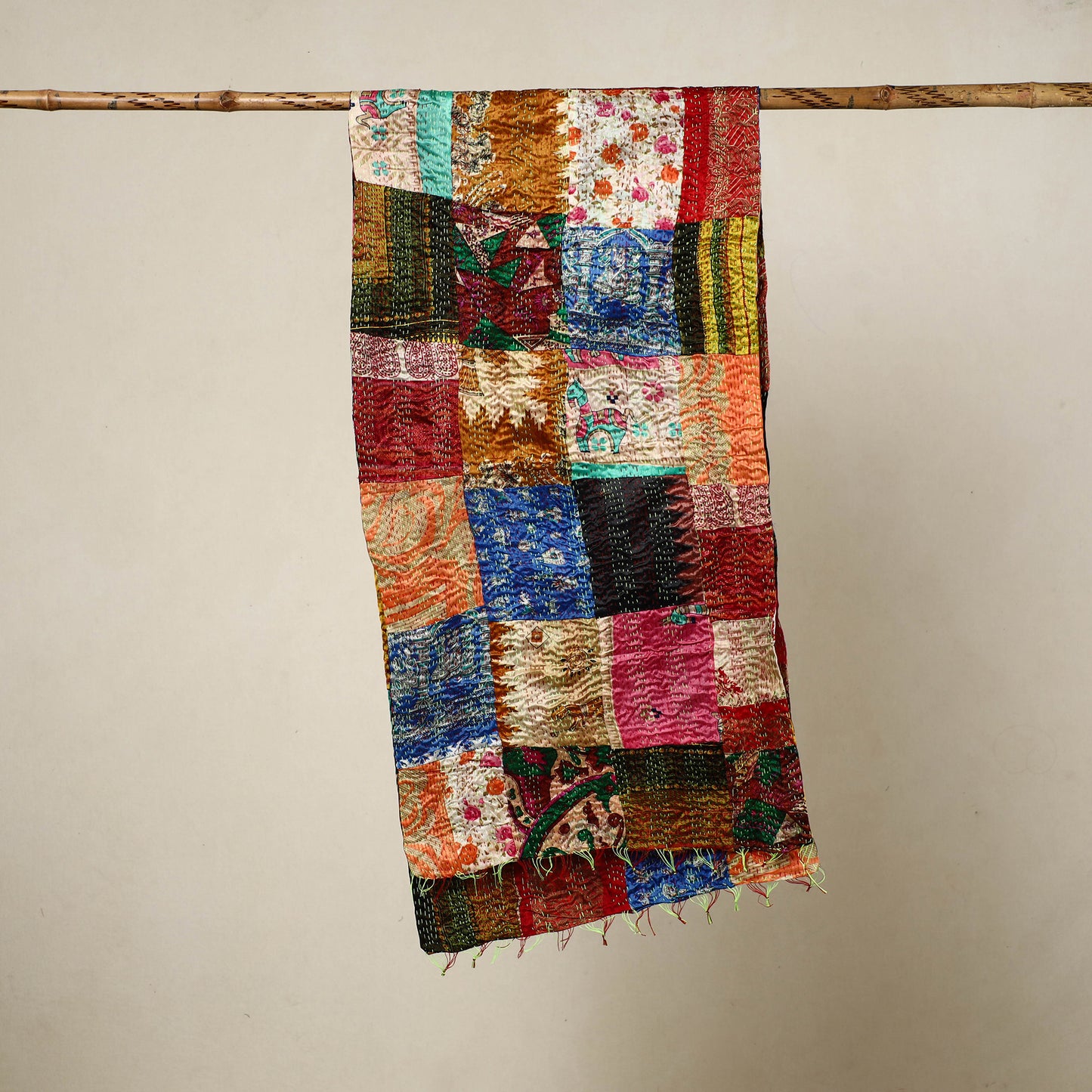 Multicolor - Reversible Patchwork Silk Bengal Kantha Stitch Stole 146