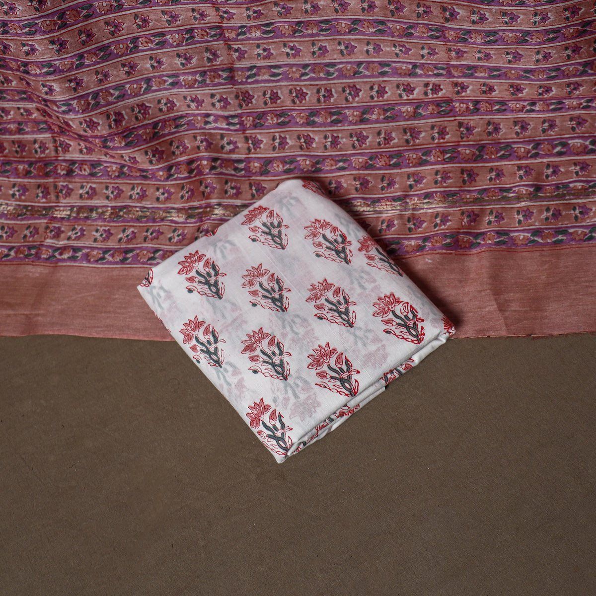 Chanderi Silk Sanganeri Hand Block Print Unstitched Dress Material: Kurta, Bottom with Dupatta 09