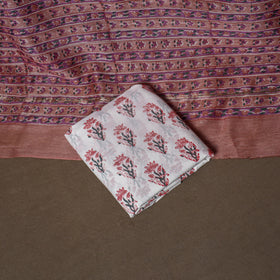 Chanderi Silk Sanganeri Hand Block Print Unstitched Dress Material: Kurta, Bottom with Dupatta 09