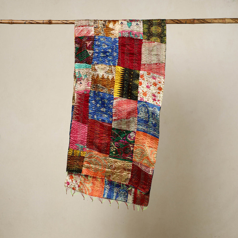 Multicolor - Reversible Patchwork Silk Bengal Kantha Stitch Stole 145