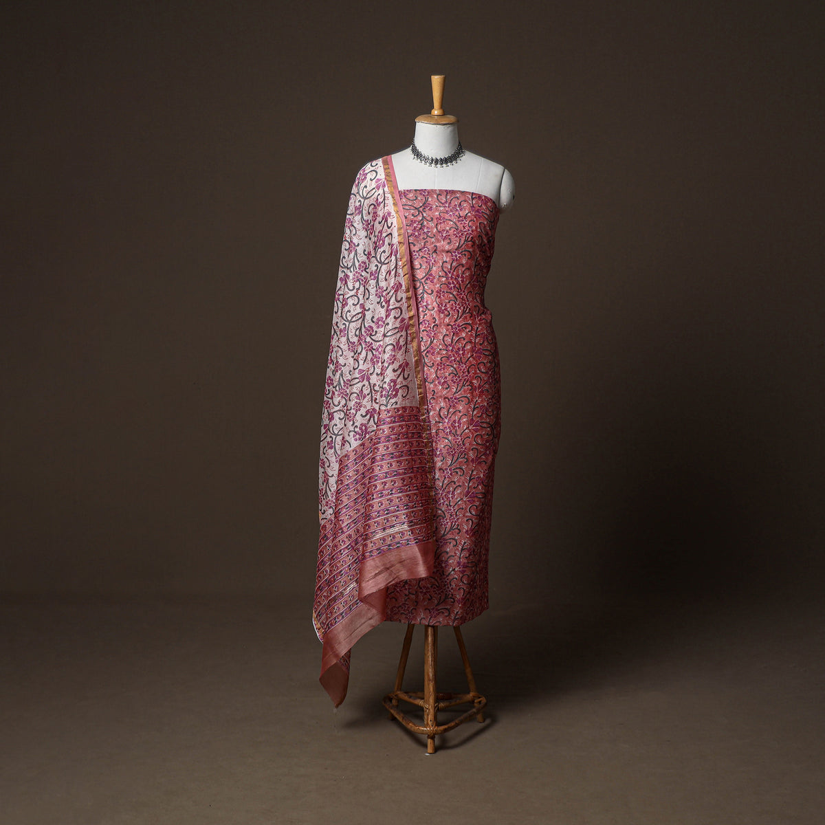 Chanderi Silk Sanganeri Hand Block Print Unstitched Dress Material: Kurta, Bottom with Dupatta 09