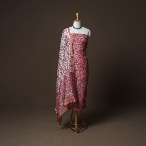 Chanderi Silk Sanganeri Hand Block Print Unstitched Dress Material: Kurta, Bottom with Dupatta 09