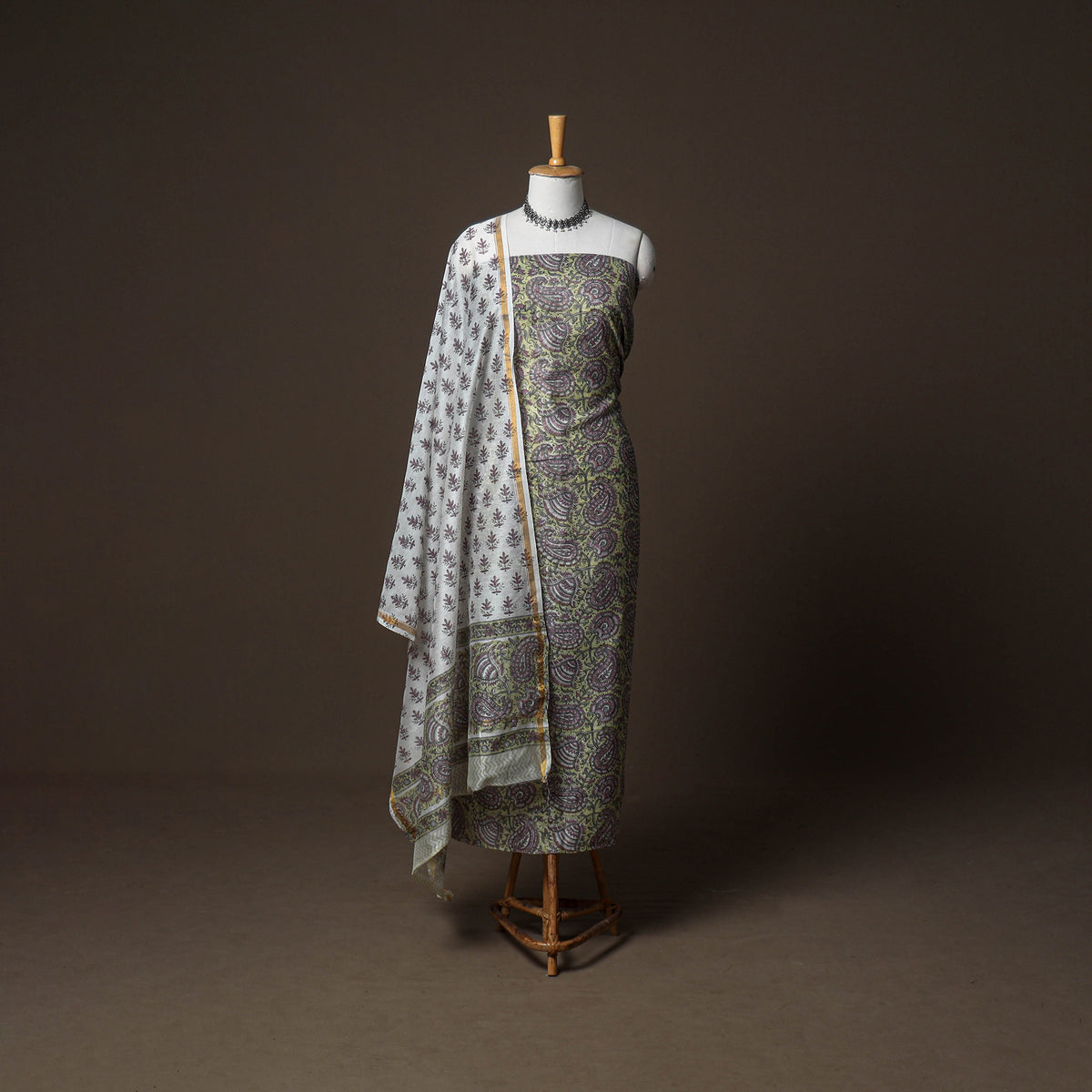 Chanderi Silk Sanganeri Hand Block Print Unstitched Dress Material: Kurta, Bottom with Dupatta 10