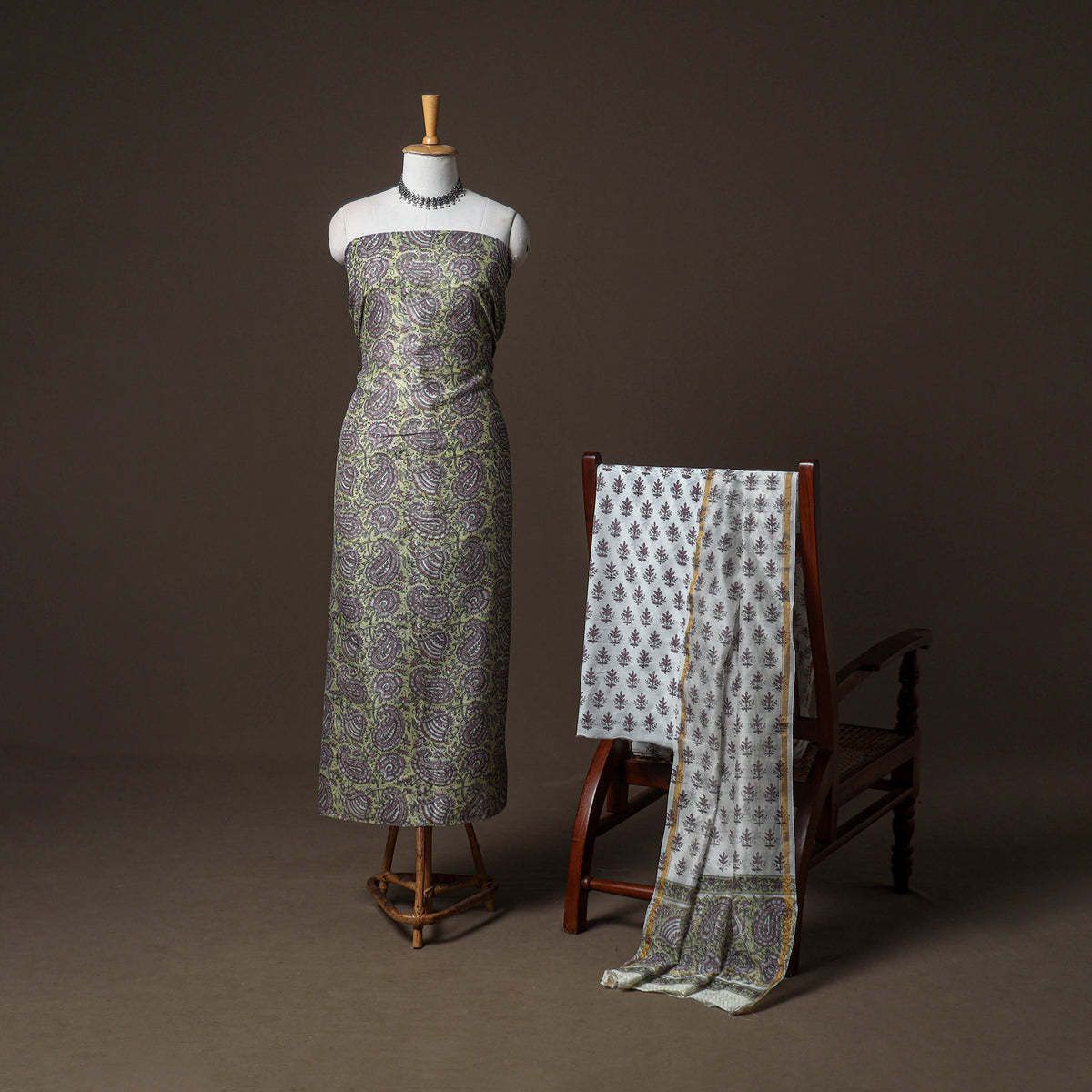 Chanderi Silk Sanganeri Hand Block Print Unstitched Dress Material: Kurta, Bottom with Dupatta 10