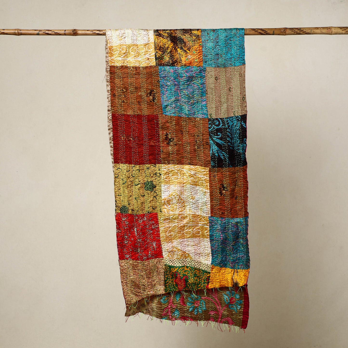 Multicolor - Reversible Patchwork Silk Bengal Kantha Stitch Stole 142