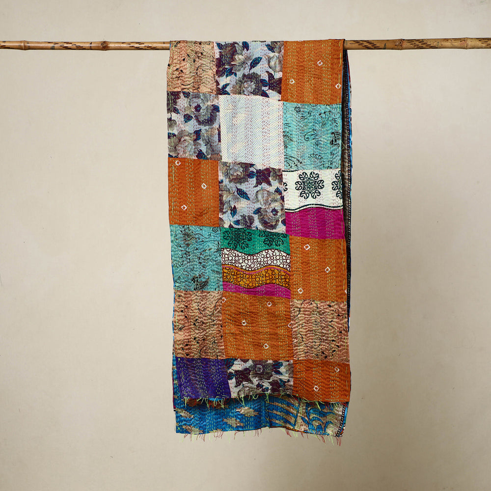 Multicolor - Reversible Patchwork Silk Bengal Kantha Stitch Stole 140