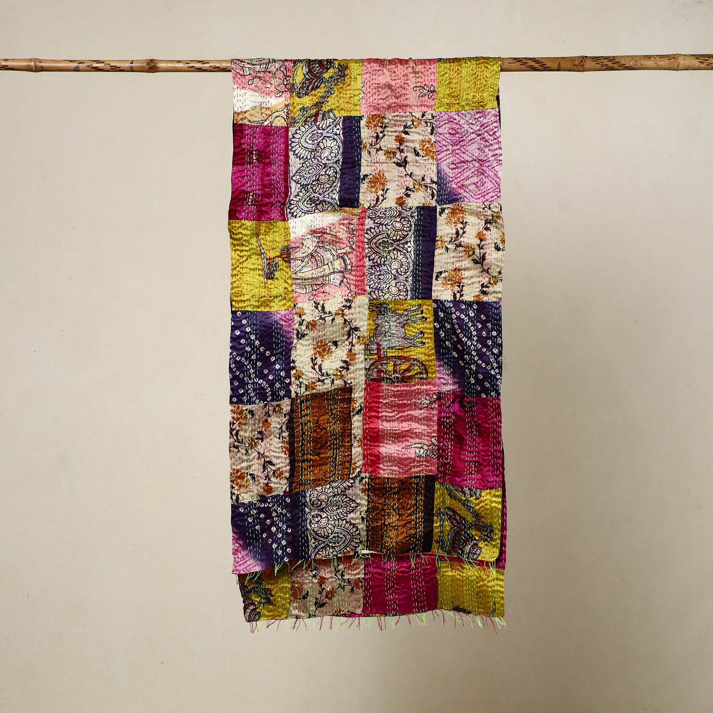 Multicolor - Reversible Patchwork Silk Bengal Kantha Stitch Stole 139