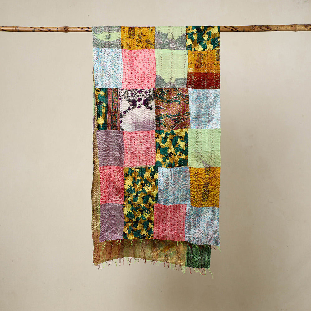 Multicolor - Reversible Patchwork Silk Bengal Kantha Stitch Stole 138