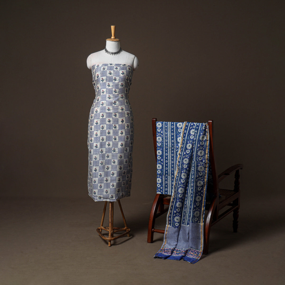Chanderi Silk Sanganeri Hand Block Print Unstitched Dress Material: Kurta, Bottom with Dupatta 11